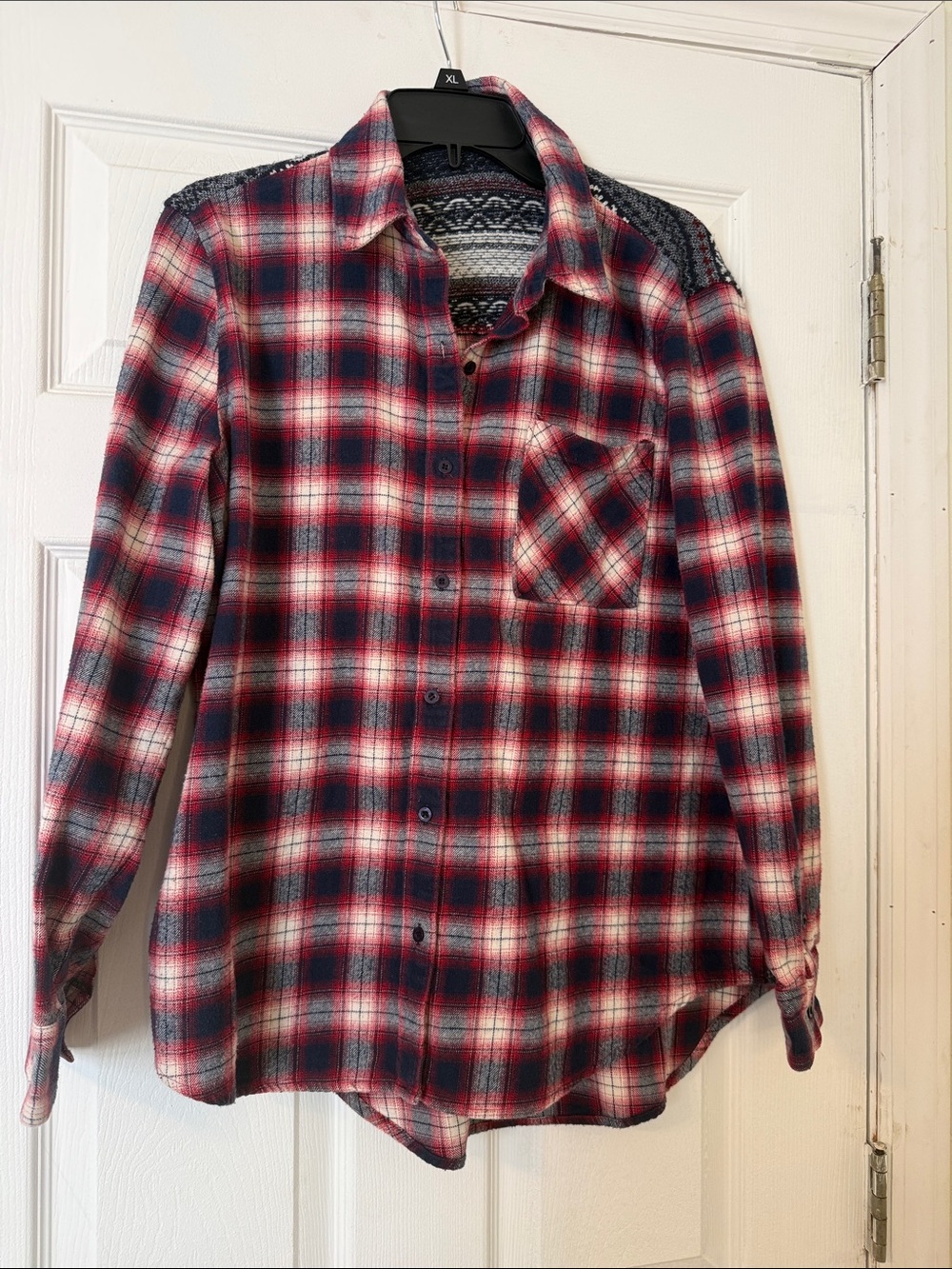 Altar’d State L Red Navy White Plaid Flannel Button Up Knit Yoke Shoulders Boho